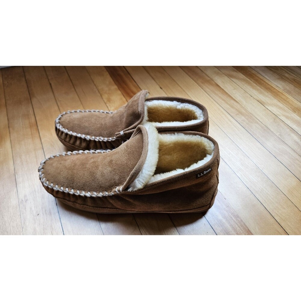 LL Bean Mens 11 Medium Wicked Good Boot Moc Slippers Tan Brown Suede Shearling